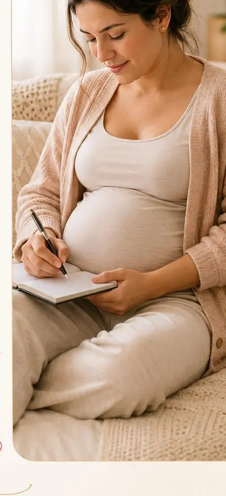 Gestante escrevendo em um caderno no sofá de casa