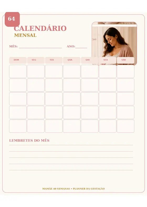 Página de calendário mensal do Planner da Gestação