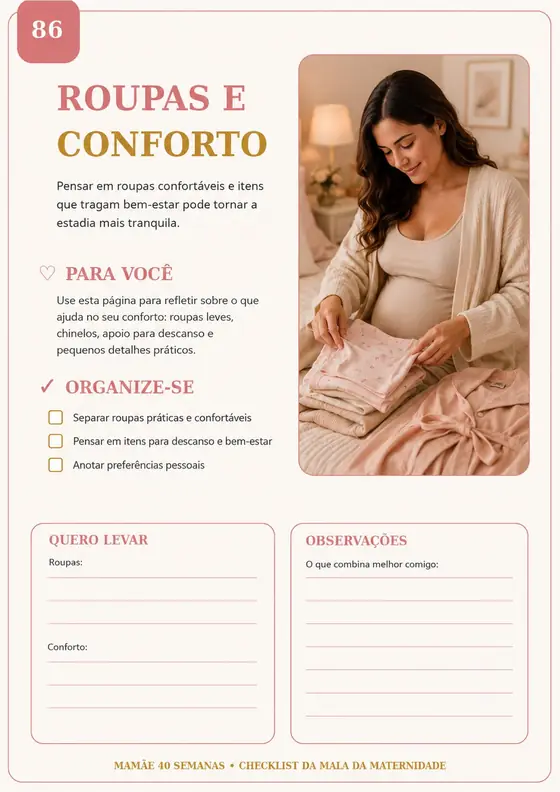 Página de roupas e conforto do checklist da mala da maternidade